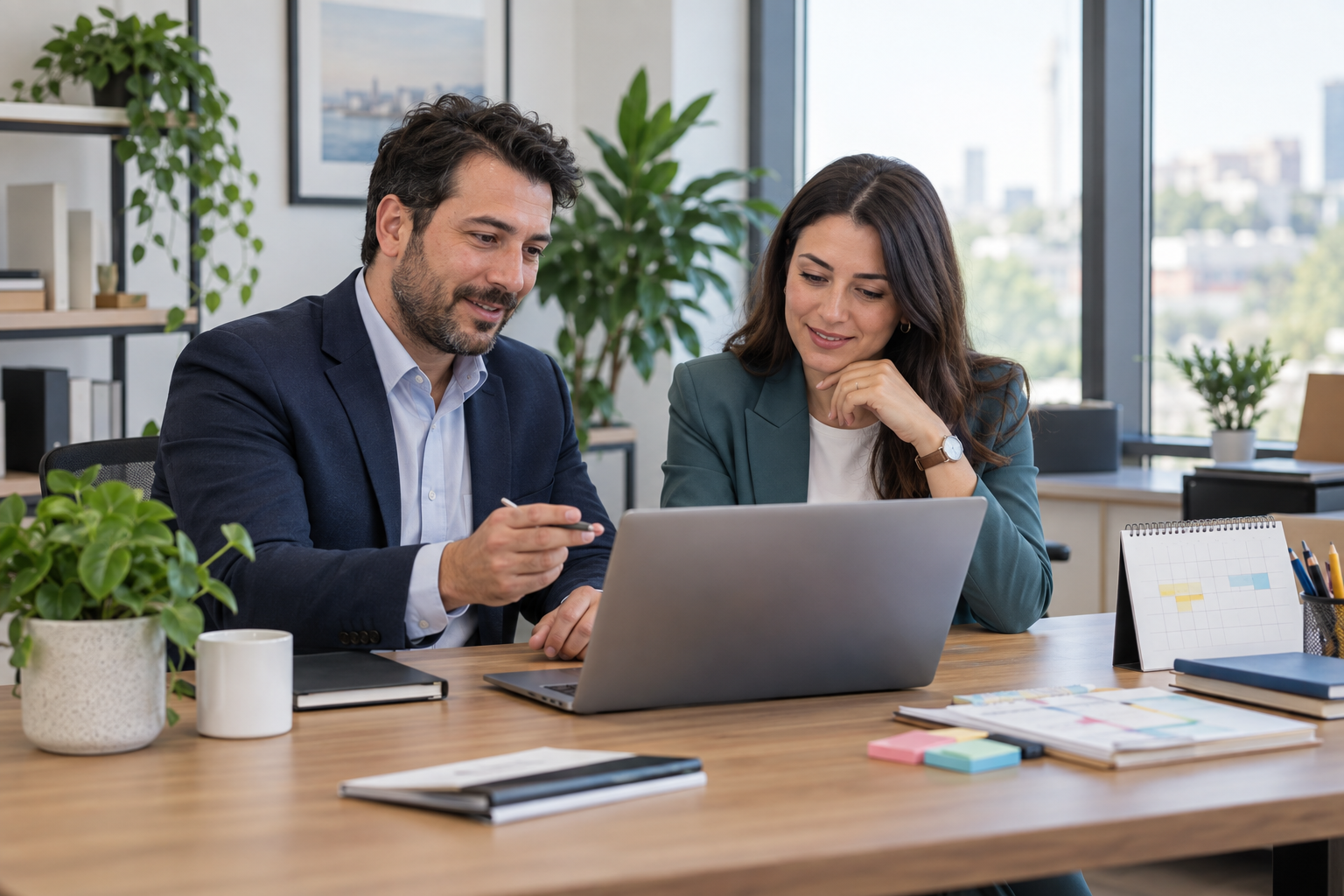 A manager and HR specialist reviewing employee leave planning together.