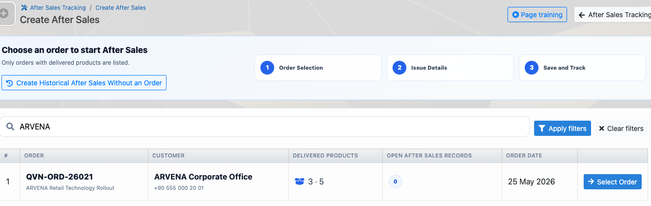 Starting an after-sales service case from the ARVENA order in Delbig