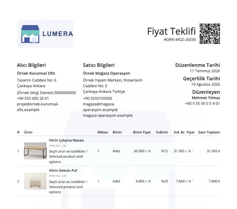 İzole LUMERA mağaza operasyon tenantında hazırlanmış görselli mobilya teklif önizlemesi