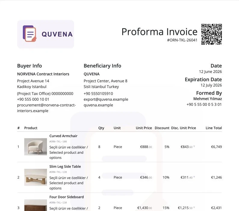Visual furniture quote preview prepared in the isolated QUVENA marketing tenant