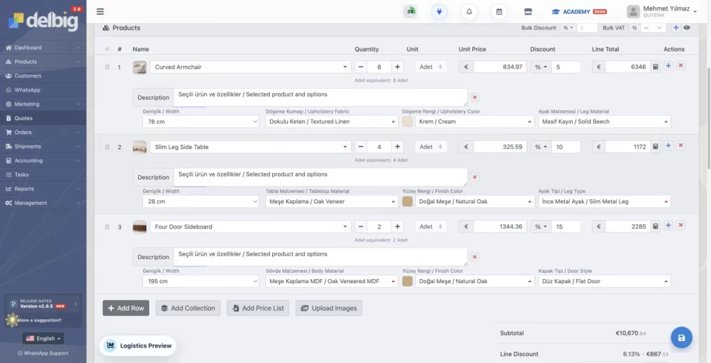 English furniture quote editing screen with products, quantities, prices and discounts in the isolated QUVENA tenant