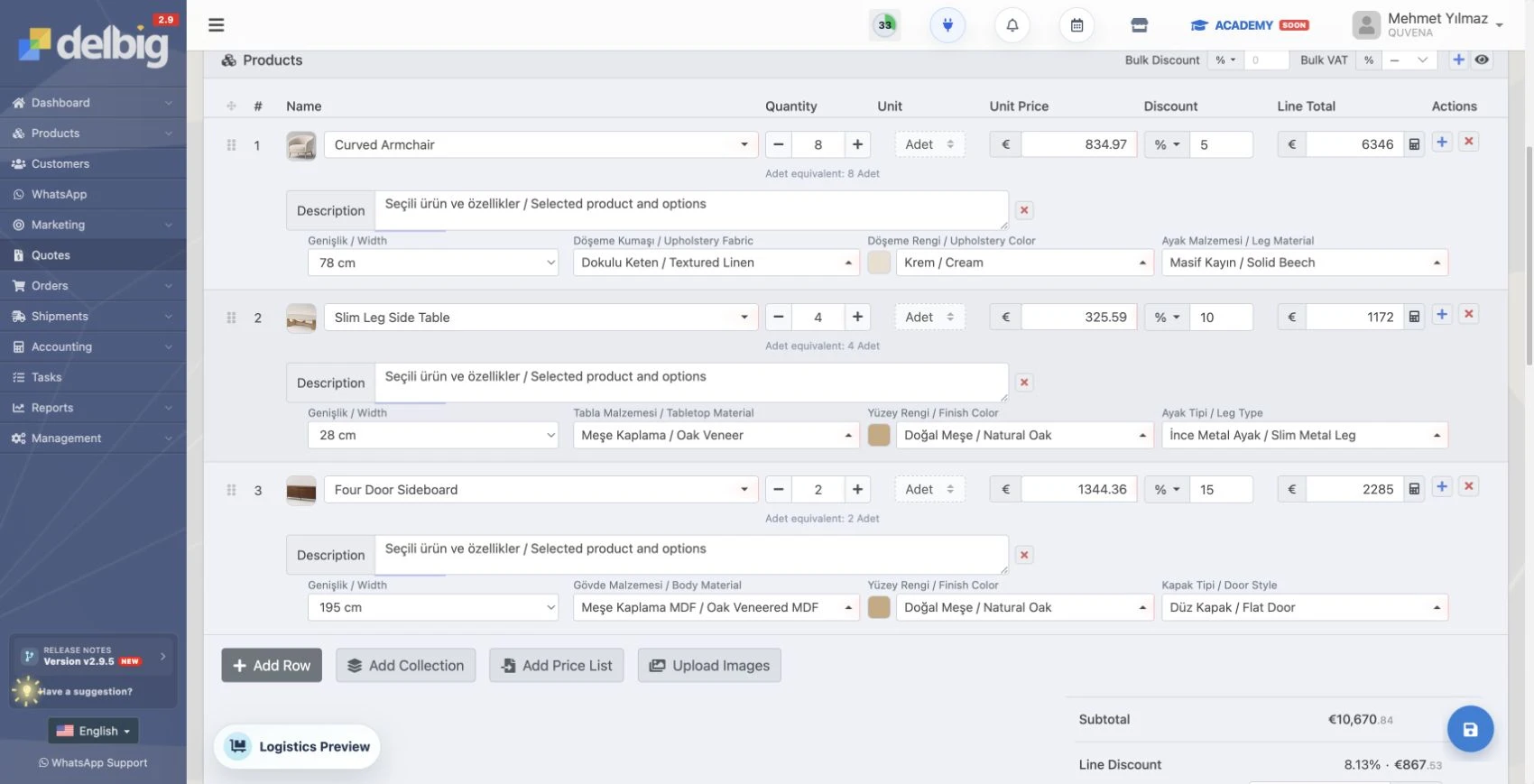 English furniture quote editing screen with products, quantities, prices and discounts in the isolated QUVENA tenant