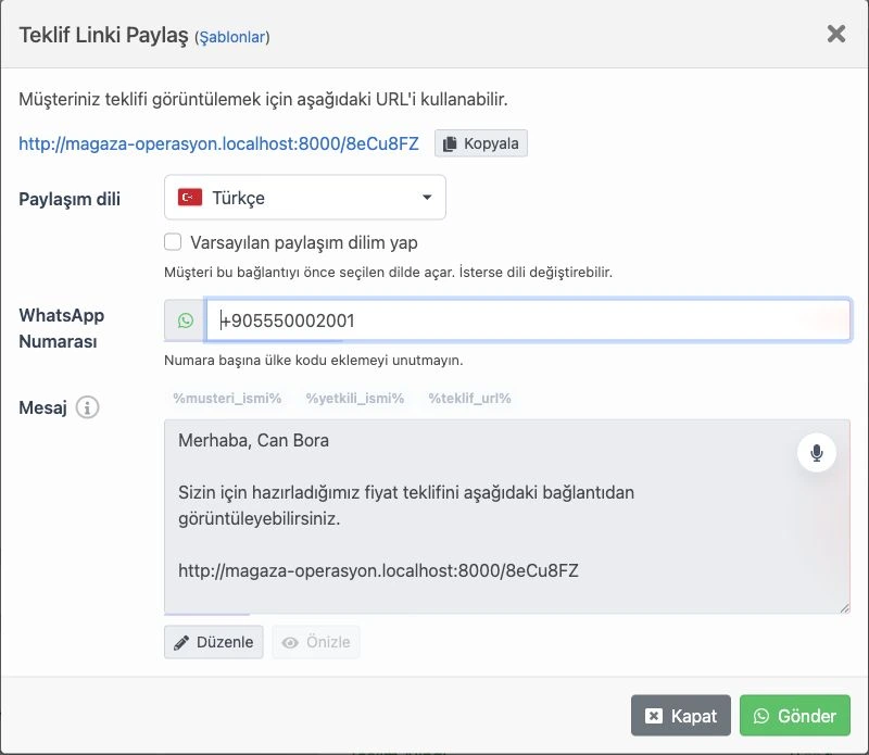 İzole LUMERA mağaza teklifini WhatsApp bağlantısıyla paylaşma penceresi