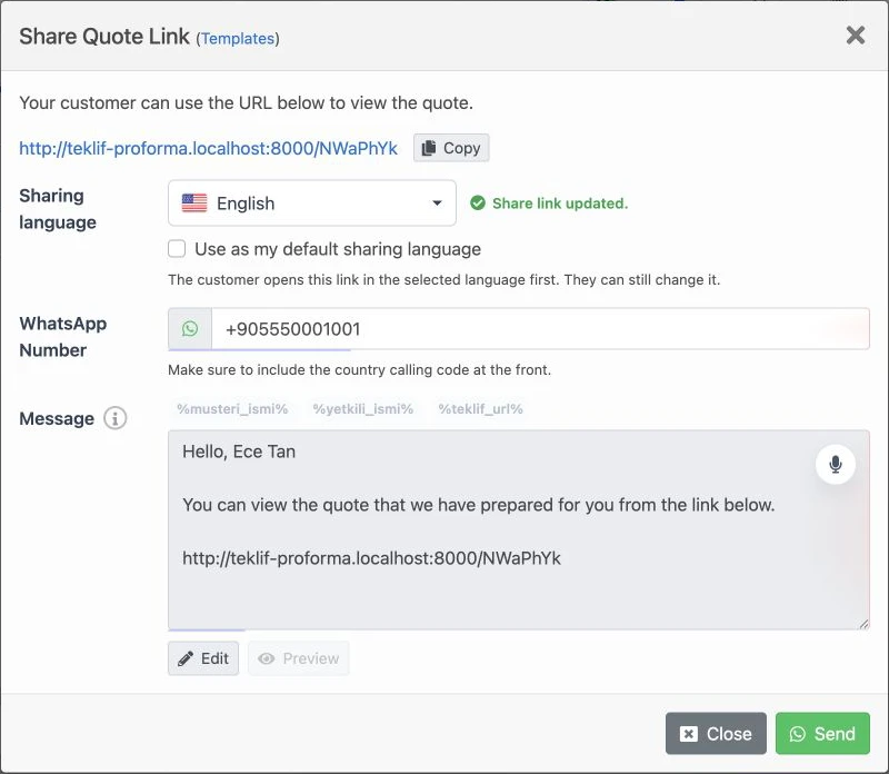 English WhatsApp quote link sharing window in the isolated QUVENA tenant