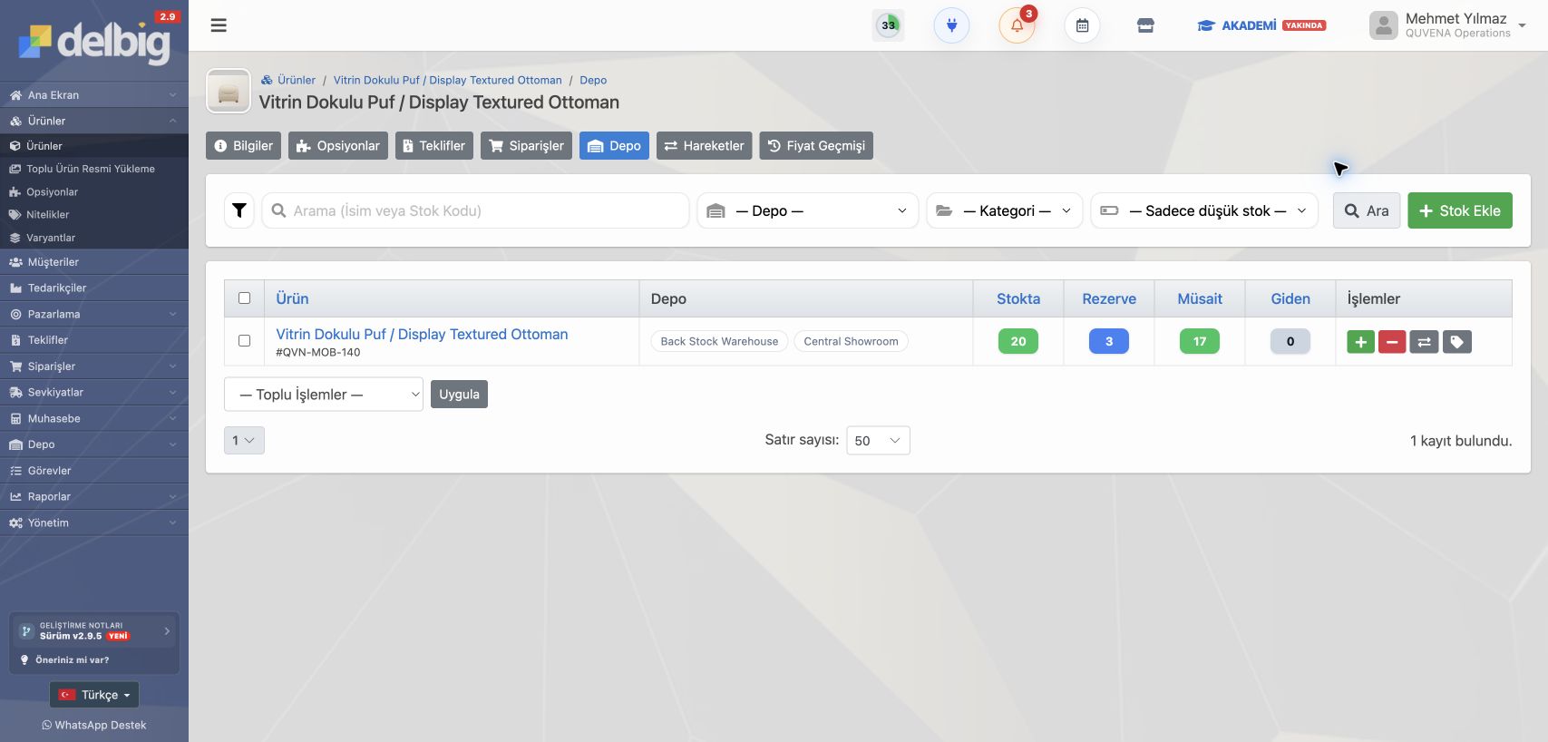 Delbig CRM stok görünümünde genel ürünler, depolar ve stok miktarları