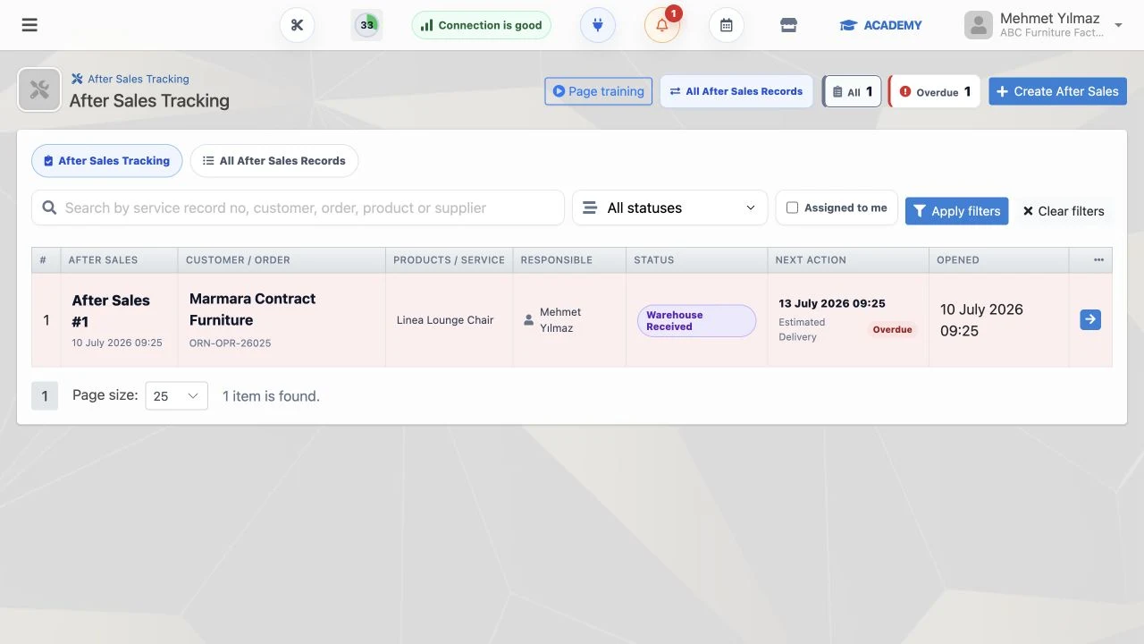 Furniture after-sales service tracking in Delbig