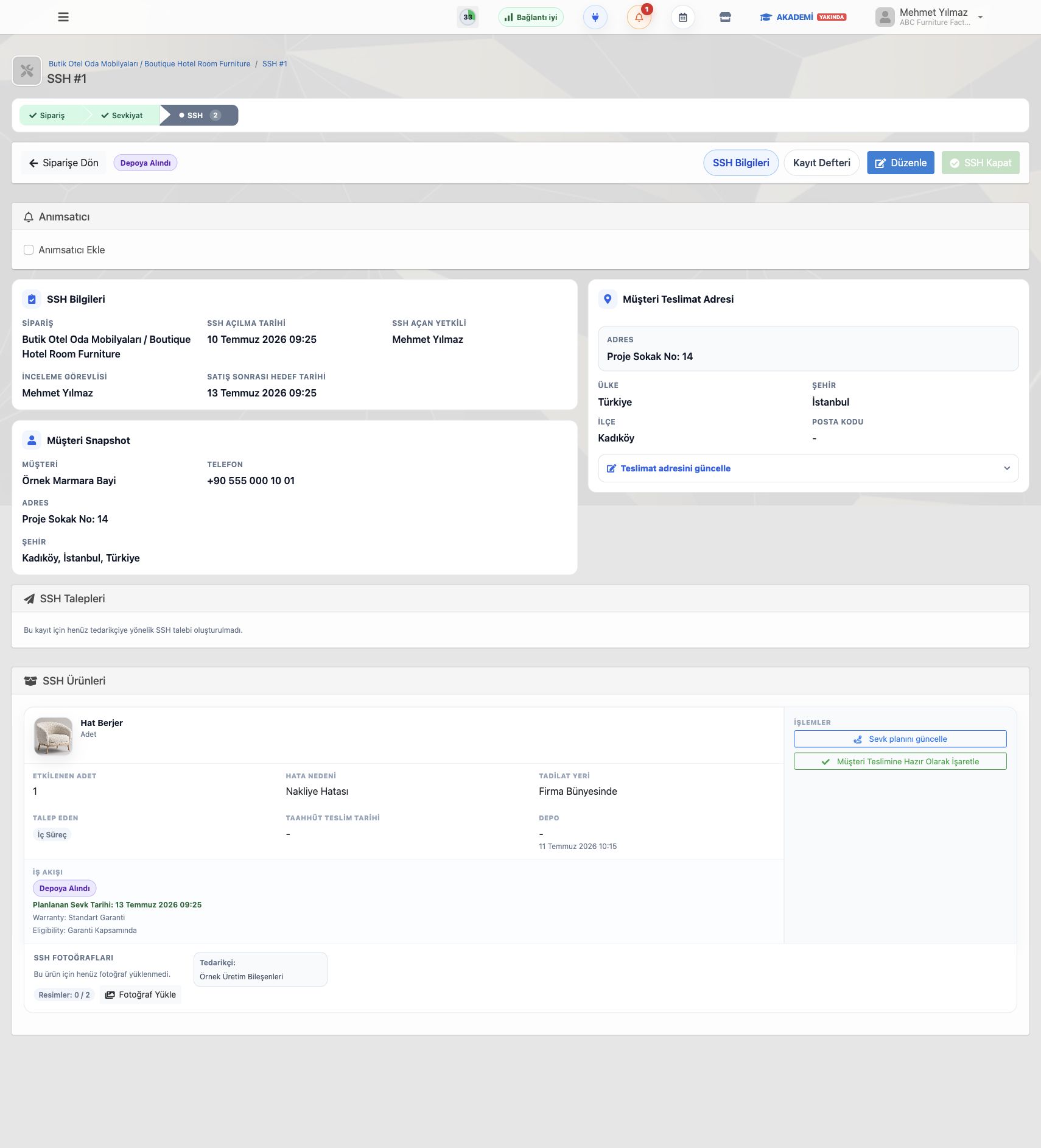 Mobilya satış sonrası hizmet kaydı Delbig CRM ekranı