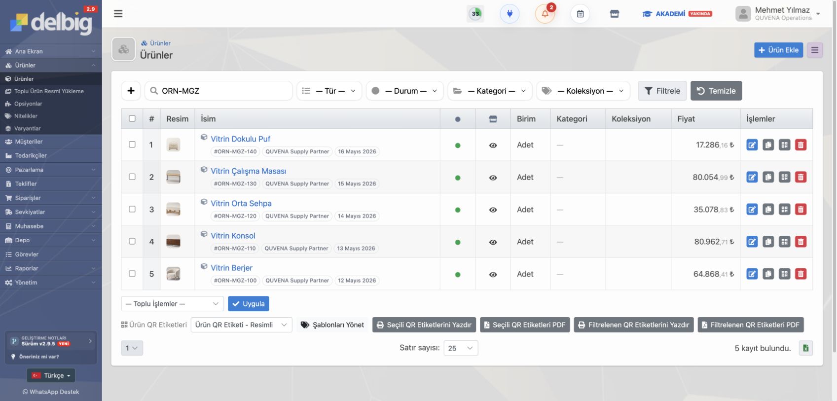 Delbig CRM ürün listesinde mobilya ürün görselleri, stok kodları ve fiyat bilgileri