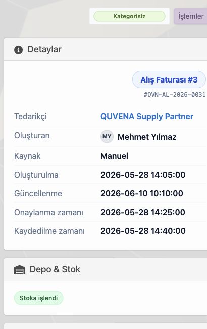Delbig CRM alış faturası stok kartında ürün satırlarını depoya işleme seçimi