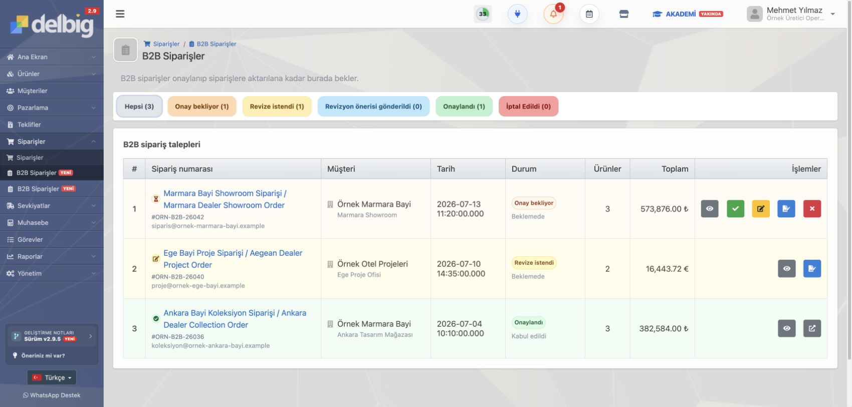 Delbig CRM B2B portal sipariş listesinde onay bekleyen mobilya bayi siparişi