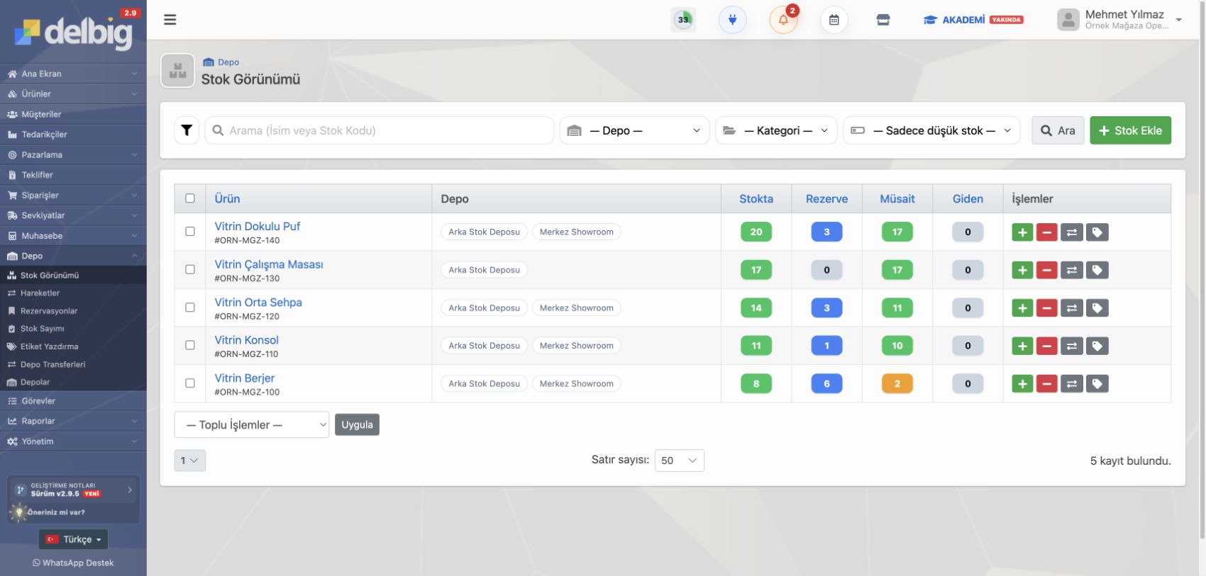 Türkçe Delbig CRM stok ve depo takip ekranı