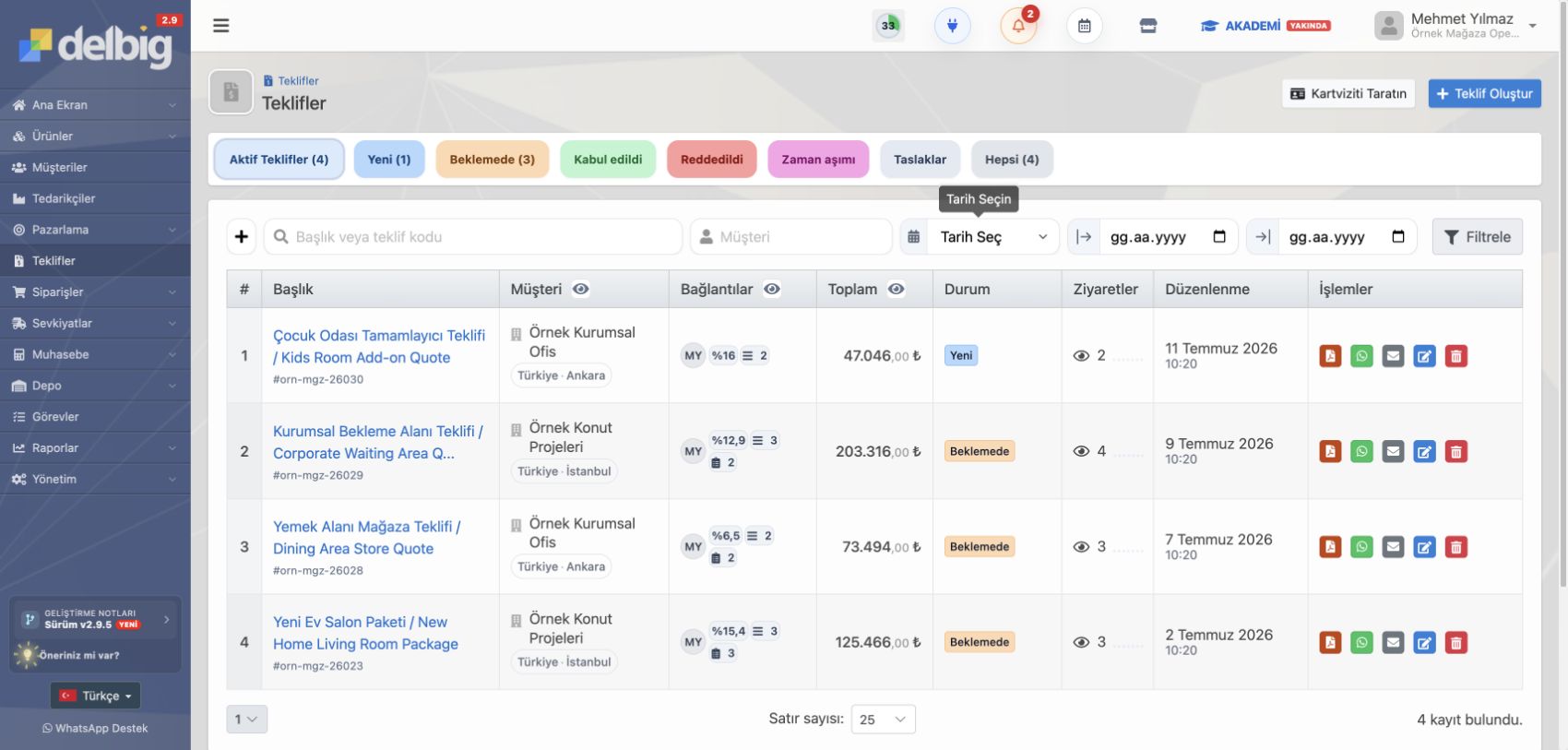 Türkçe Delbig CRM teklif listesi ve takip ekranı