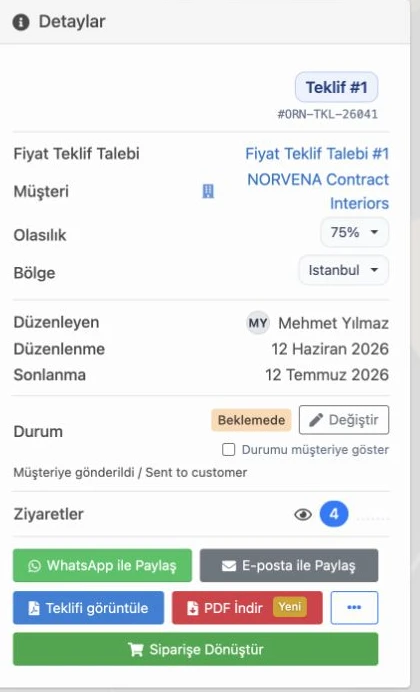 Delbig CRM teklif aksiyon panelinde durum, ziyaret, WhatsApp, e-posta, PDF ve siparişe dönüştürme butonları