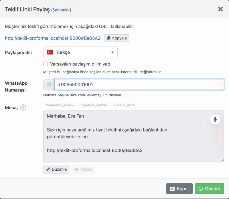 Delbig CRM WhatsApp teklif paylaşım penceresi