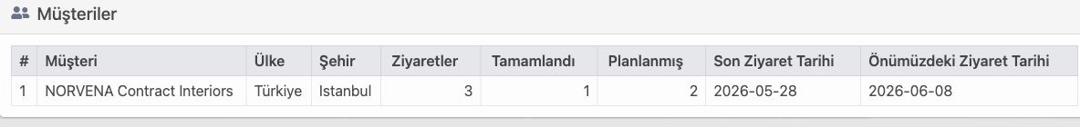 Delbig CRM müşteri ziyaret raporunda ziyaret, tamamlandı, planlanmış, son ziyaret ve sonraki ziyaret tarihleri
