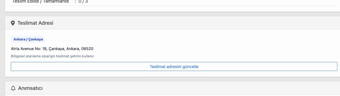 Delbig CRM sevkiyat detayında teslimat ili, ilçesi, adresi ve bölgesel planlama notu