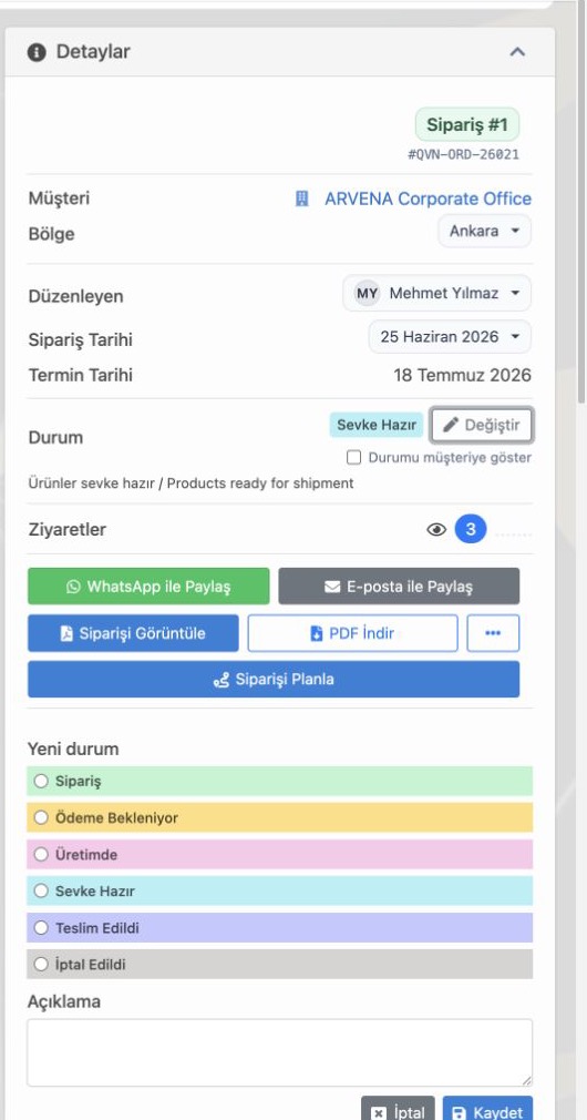 Delbig CRM sipariş durum değiştirme panelinde üretim ve sevkiyat aşamaları
