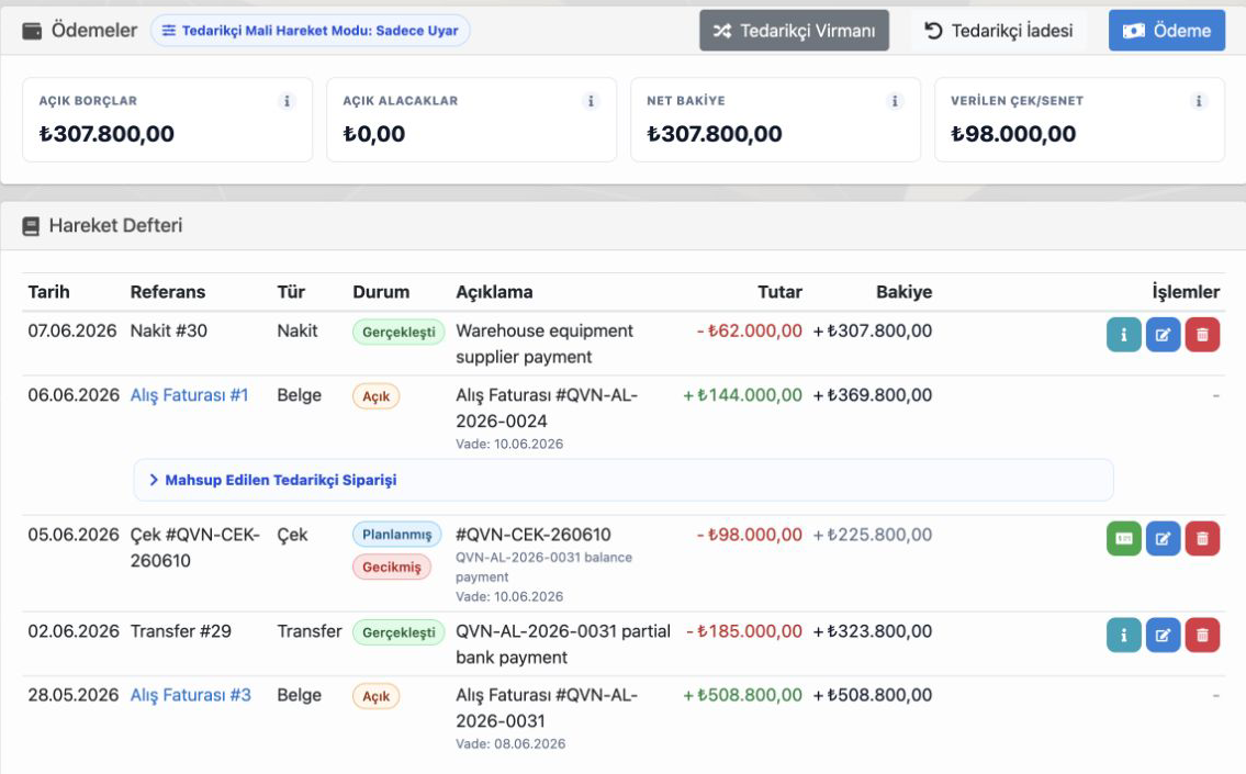 Delbig CRM tedarikçi ödeme ekranında açık borç, ödeme, çek ve hareket defteri