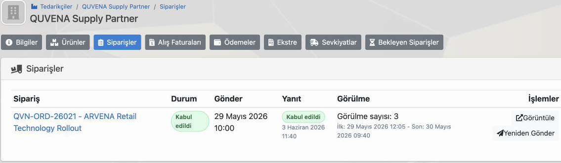 Delbig CRM sipariş detayında tedarikçi siparişi özet kartı