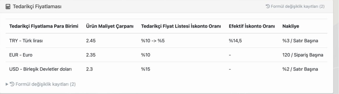 Delbig CRM tedarikçi fiyatlamasında maliyet çarpanı, iskonto, nakliye ve formül değişiklik kayıtları
