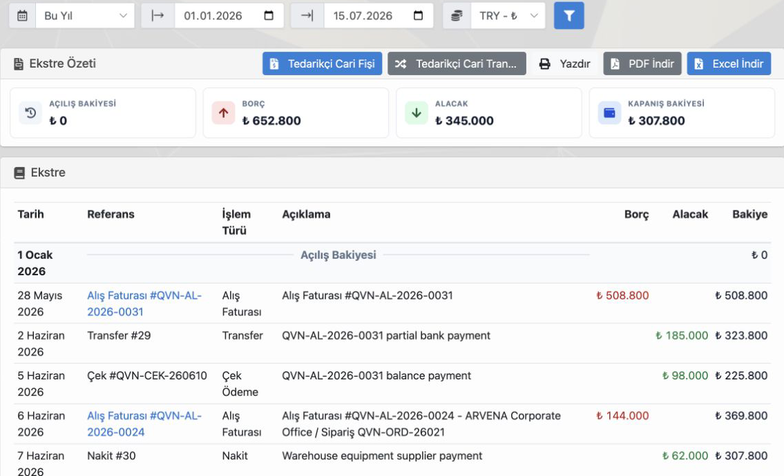 Delbig CRM tedarikçi ekstresinde borç, alacak, bakiye, PDF ve Excel aksiyonları