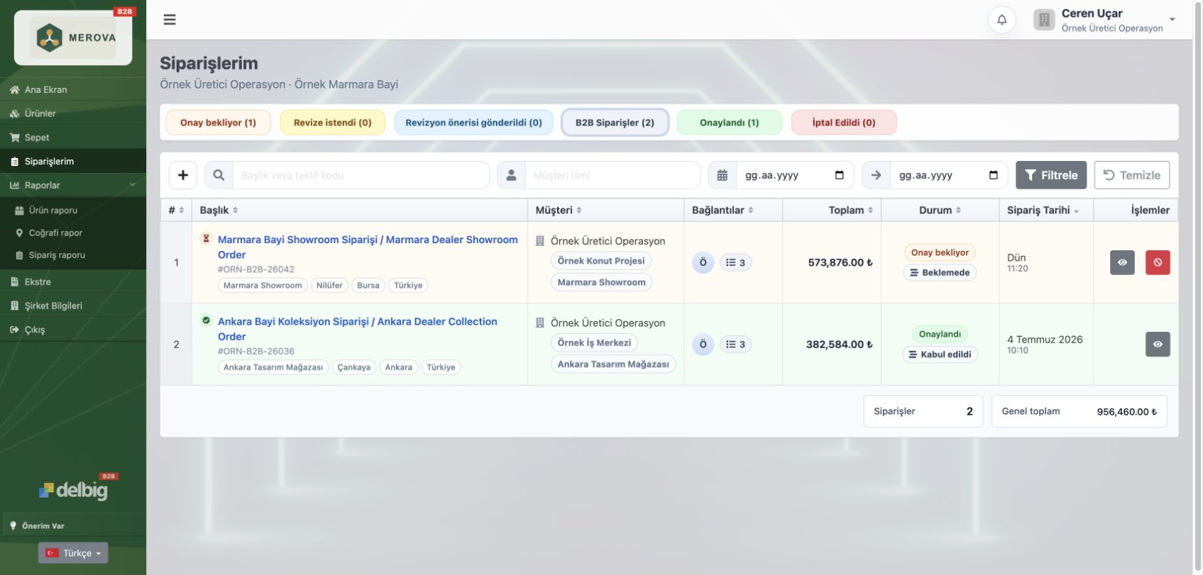 Delbig CRM B2B Portal Orders Tr görseli