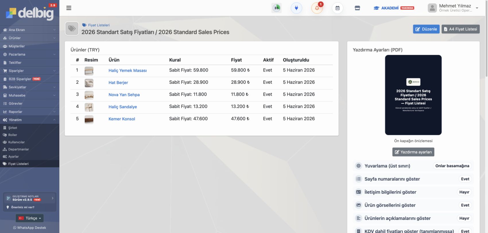 Delbig CRM Standard Price List Detail Tr görseli