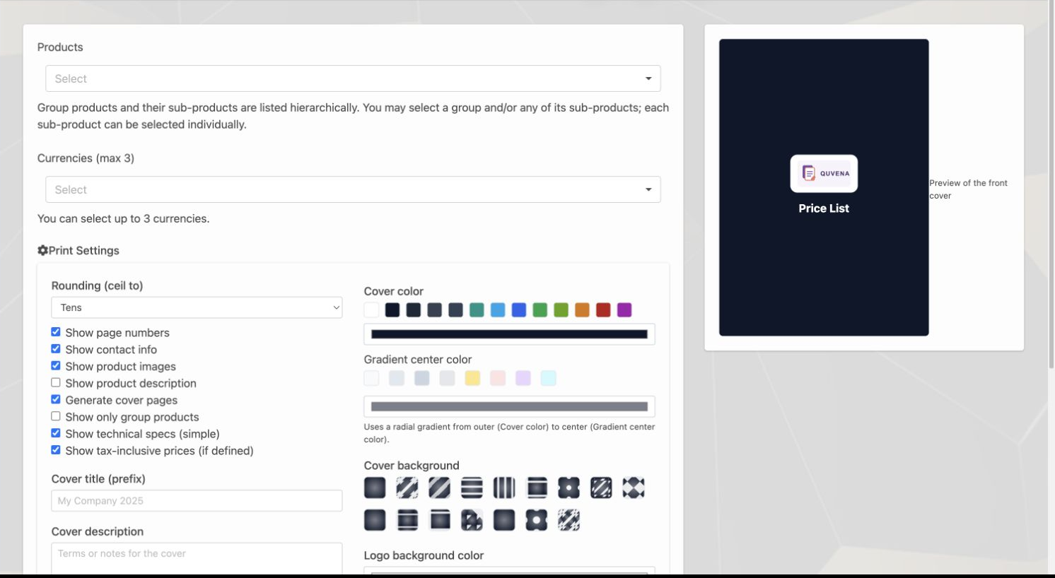 Delbig CRM A4 price list builder with QUVENA cover preview, display and print settings