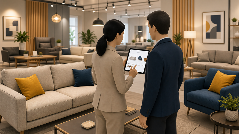 Mobilya showroom satışında tabletle ürün ve teklif gösterimi kartı