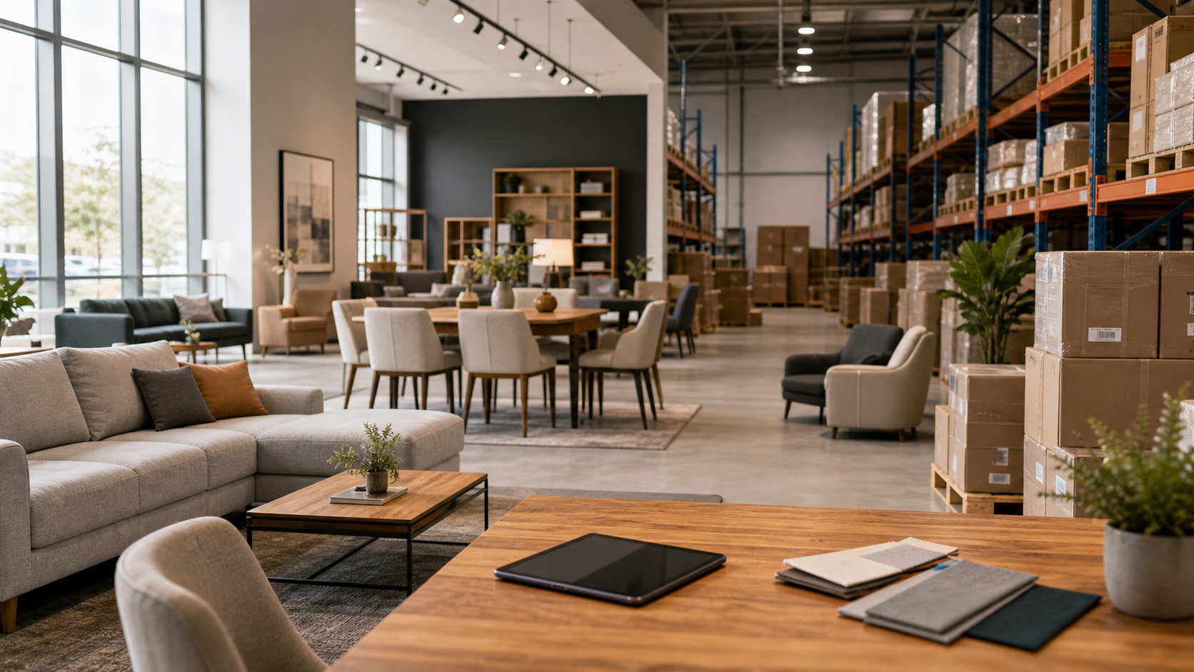 Mobilya ürün, stok ve depo takibini anlatan modern showroom ve depo görseli
