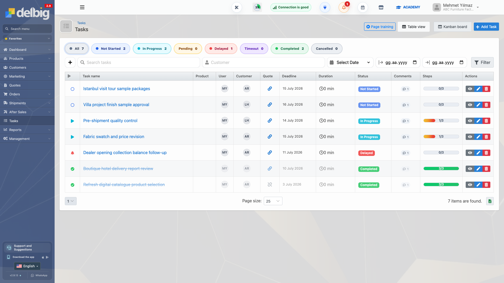 Real Delbig task screen in English: assignments, deadlines, statuses, comments and step progress.