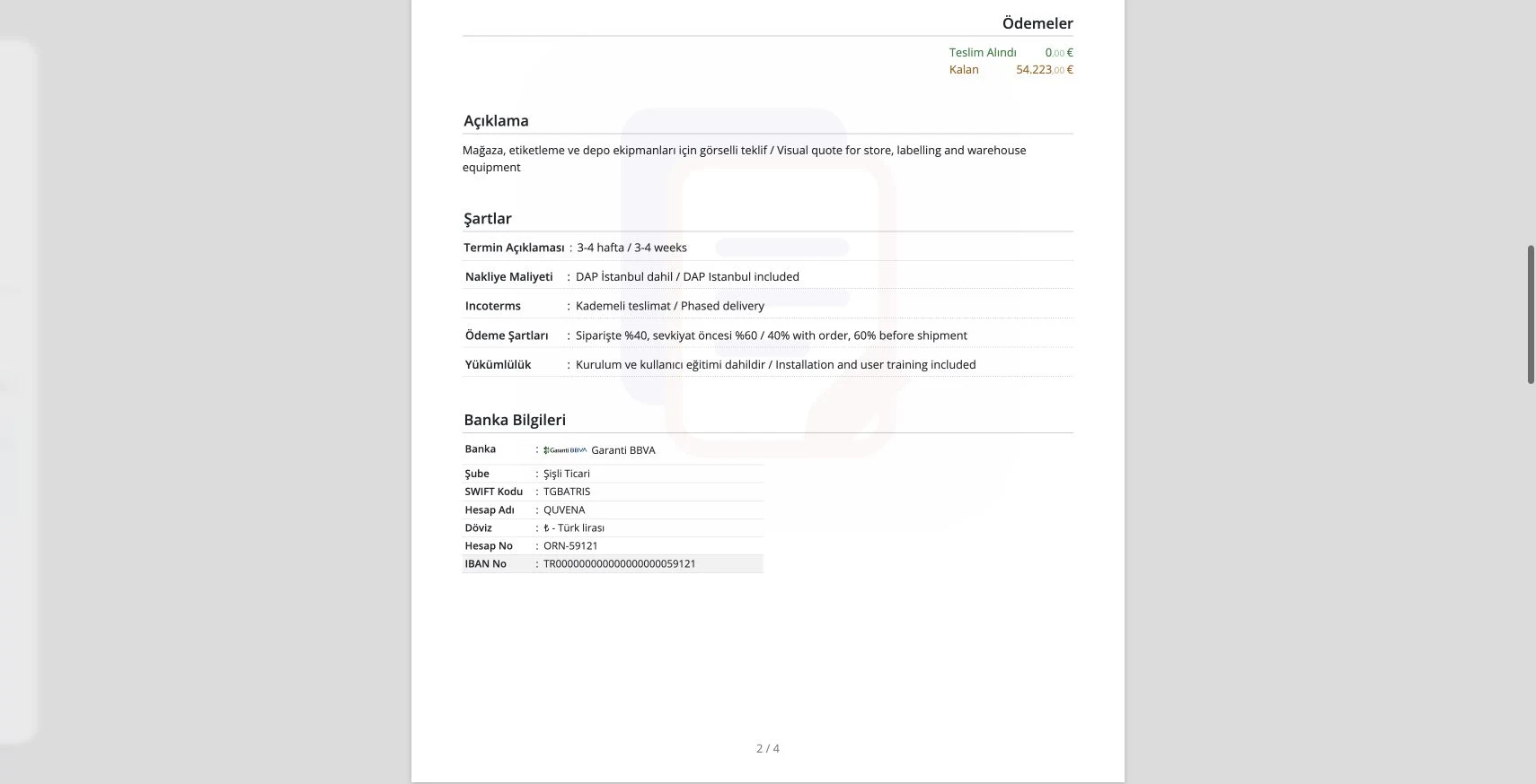 Delbig proforma çıktısında ödeme koşulları ve banka bilgileri