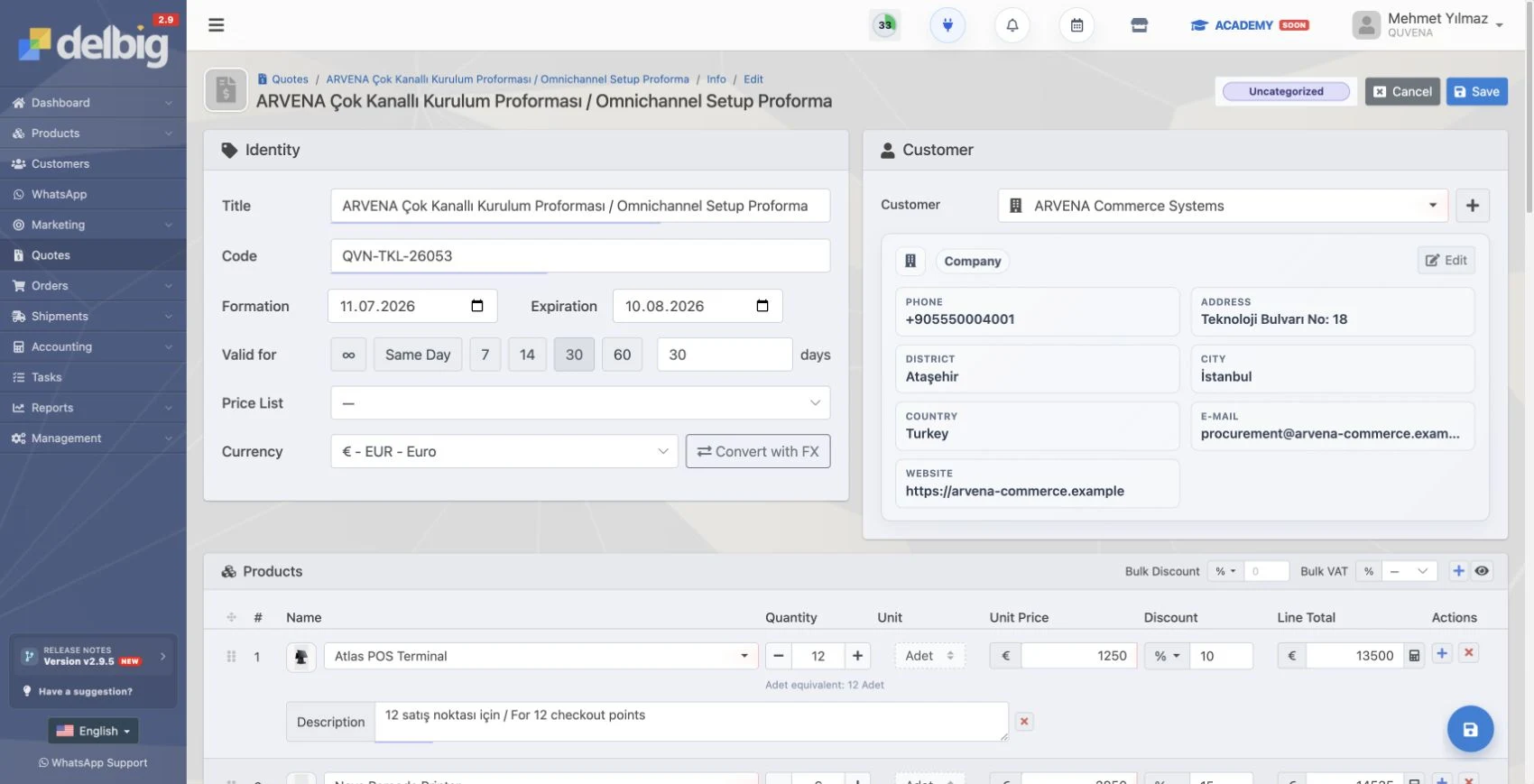 Customer, currency, product and discount fields in the Delbig quote editor