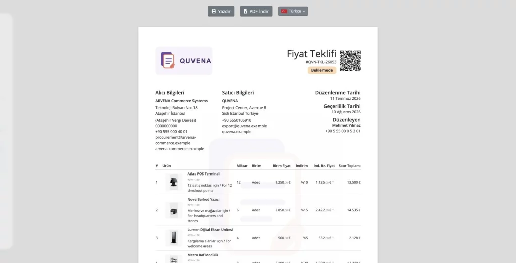 İzole QUVENA proforma önizlemesinde sentetik alıcı ve satıcı, ürün satırları, fiyatlar ve QR kod