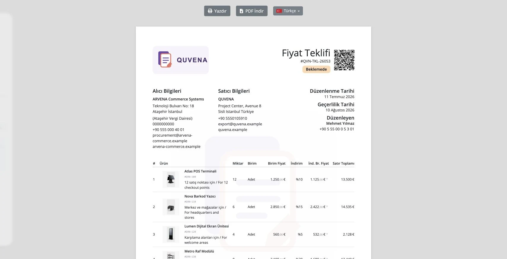 Delbig proforma ön izlemesinde ürün görselleri, QR, fiyat ve sentetik müşteri bilgileri