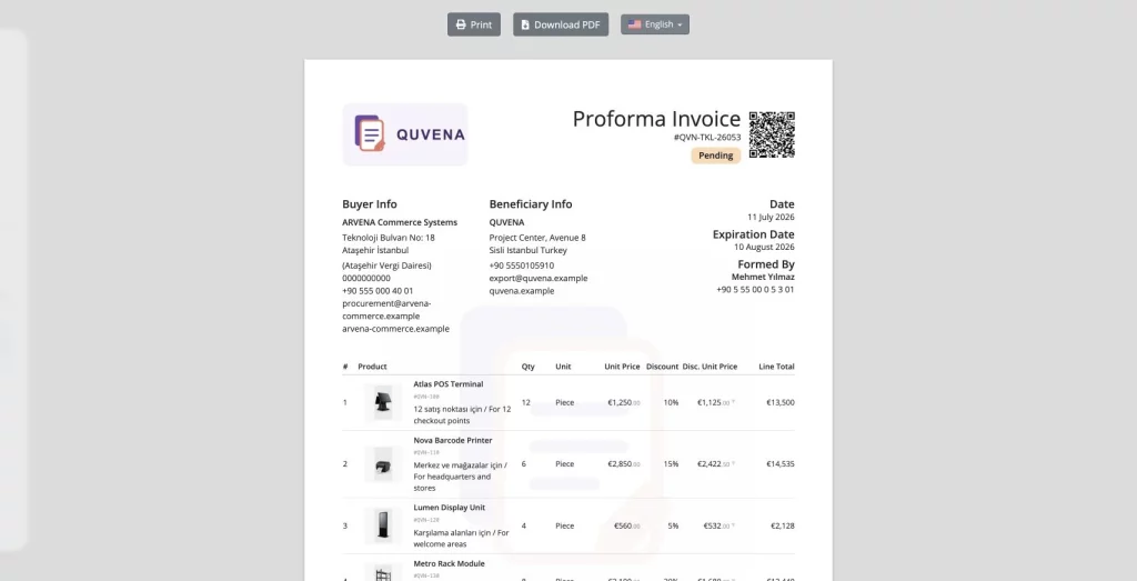 Synthetic buyer and seller, product rows, prices and QR code in the isolated QUVENA proforma preview