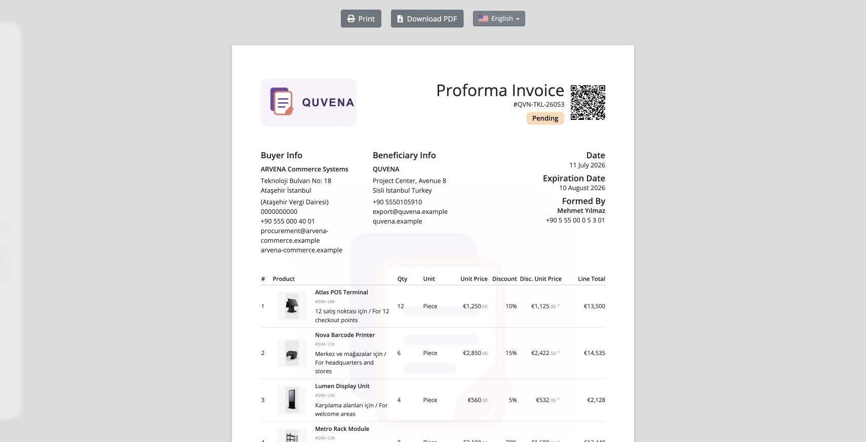 Delbig proforma preview with product images, QR, prices and synthetic customer details