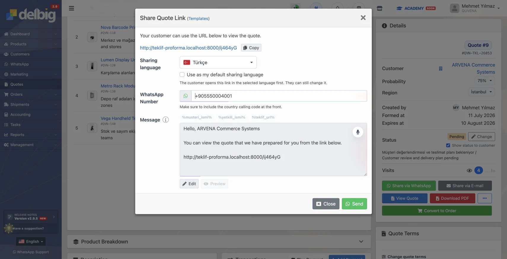 WhatsApp quote-link sharing dialog for a synthetic customer in Delbig