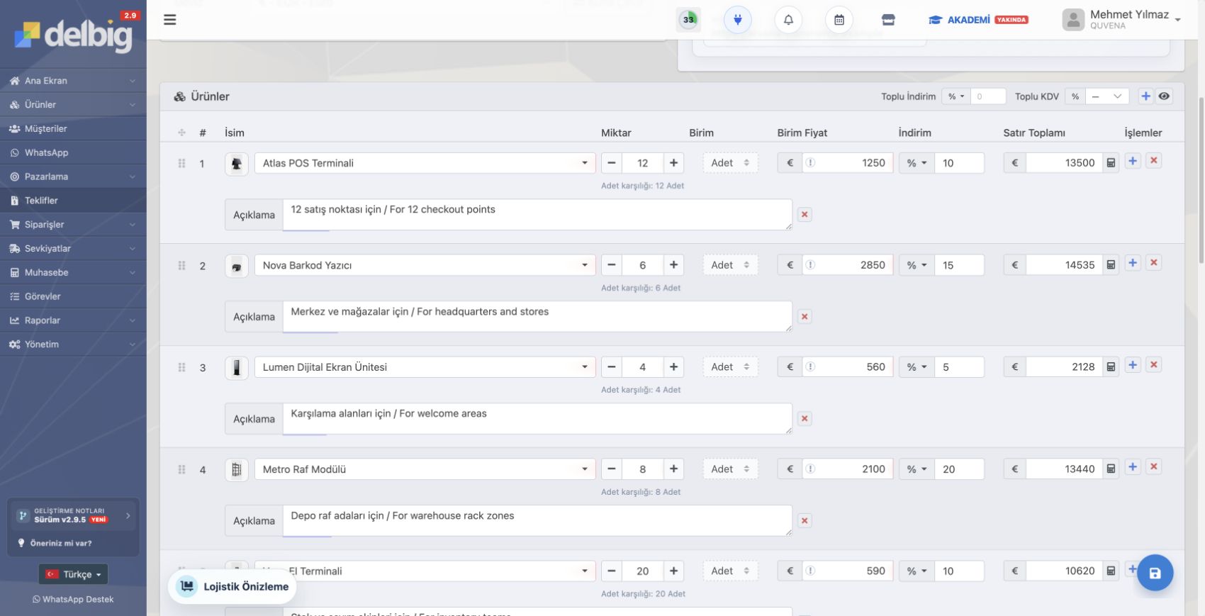 Delbig CRM teklif düzenleme ekranında ürün görseli, miktar, birim fiyat ve indirim satırları