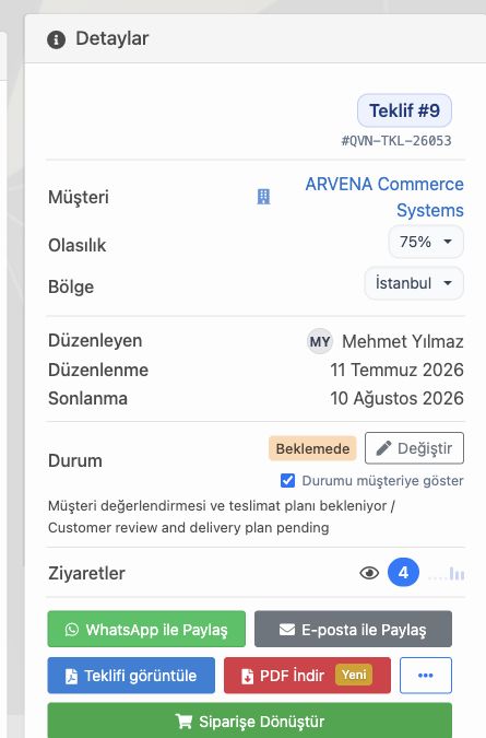 Delbig CRM teklif aksiyon panelinde ziyaret, WhatsApp, e-posta, PDF ve siparişe dönüştürme