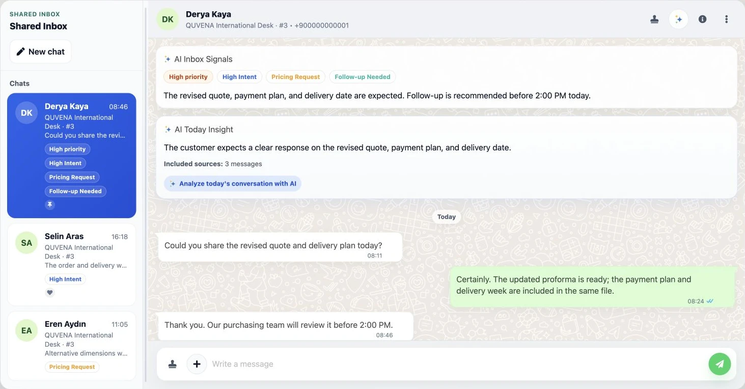 WhatsApp shared inbox, AI follow-up signals and customer messages inside Delbig CRM