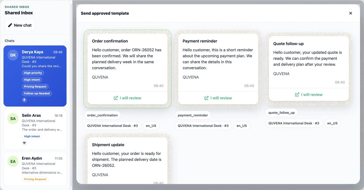 Approved template sending and customer messaging in the Delbig WhatsApp inbox
