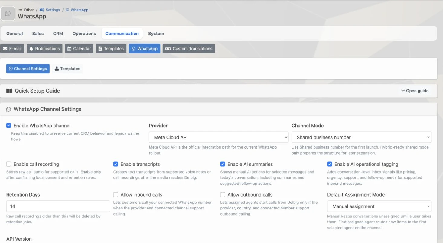 Meta Cloud API and WhatsApp channel account settings in Delbig