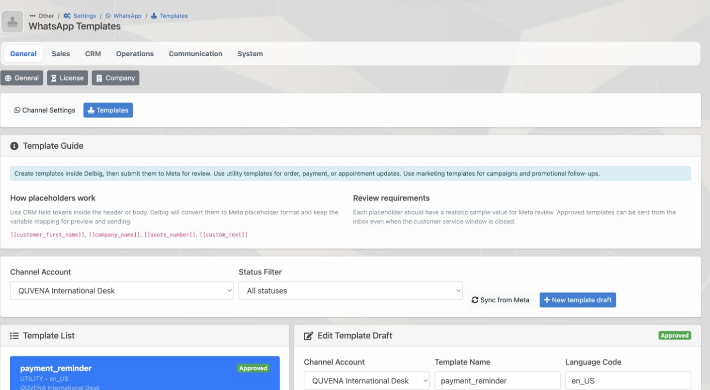 WhatsApp template management, CRM tokens and approval status in Delbig